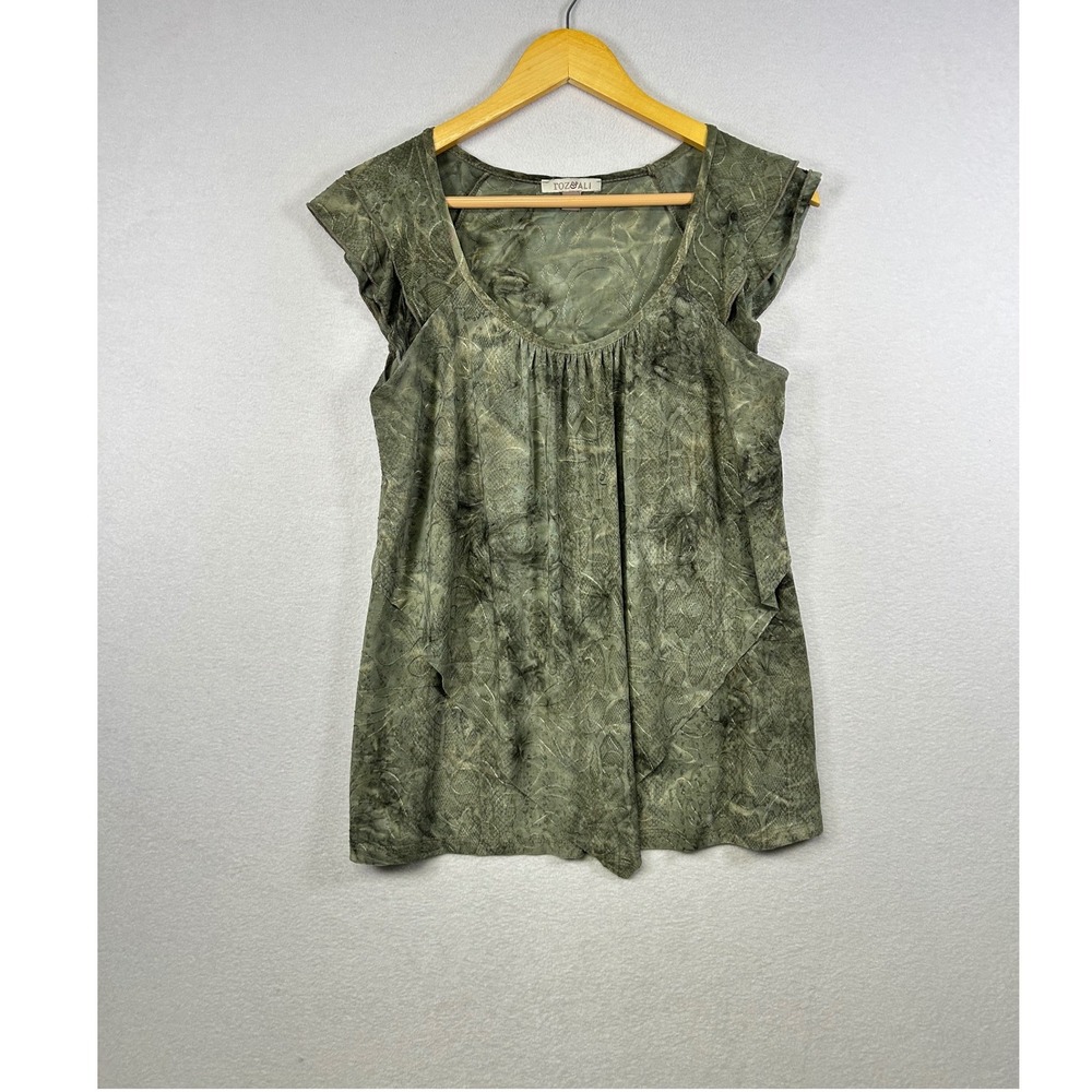 ROZ&ALI Womens Size‎ S Scoop Neck Cap Sleeve Burnout Print Top Green USA